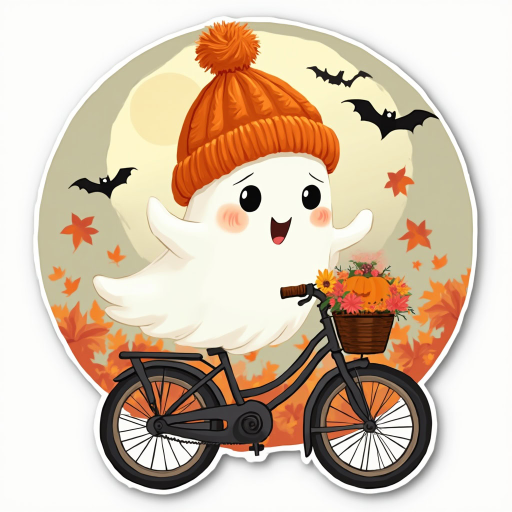 A cartoon ghost wearing an orange hat, riding a bicycle under a large moon, with autumn leaves and bats flying around in a whimsical Halloween scene.