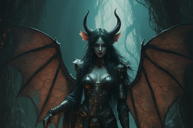 A dark fantasy hybrid creature with iridescent metallic wings and black hair holds an eerie lantern, emerging from the shadows of a mysterious lair.