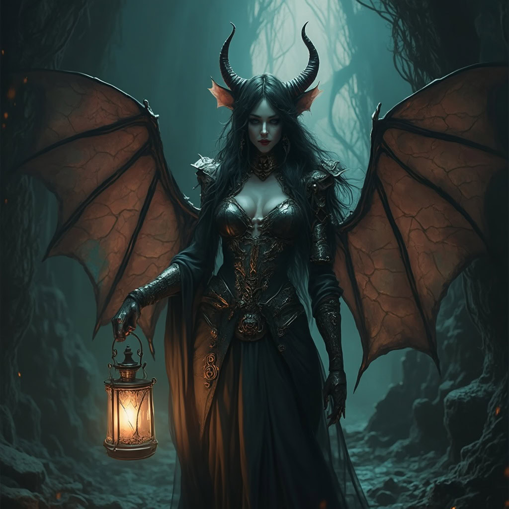 A dark fantasy hybrid creature with iridescent metallic wings and black hair holds an eerie lantern, emerging from the shadows of a mysterious lair.