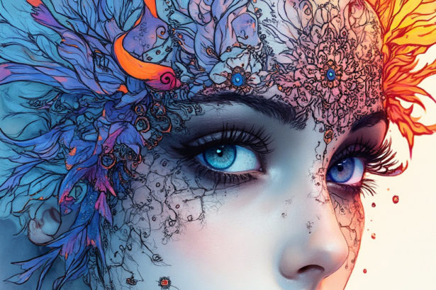 A close-up of a woman with intricately drawn doodle art face and vibrant alcohol ink wings.