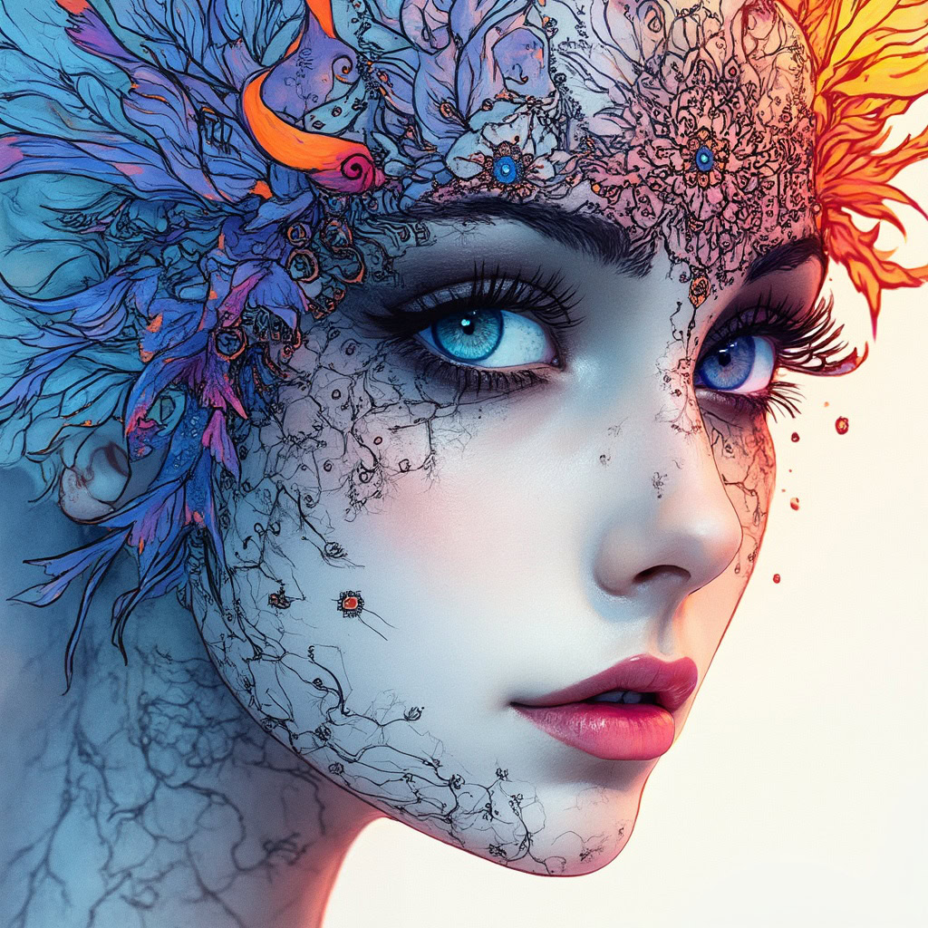 A close-up of a woman with intricately drawn doodle art face and vibrant alcohol ink wings.