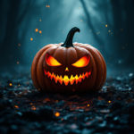 A large, intricately carved pumpkin glows brightly in a dark, moody Halloween scene with energy particles swirling and bokeh effects creating depth.