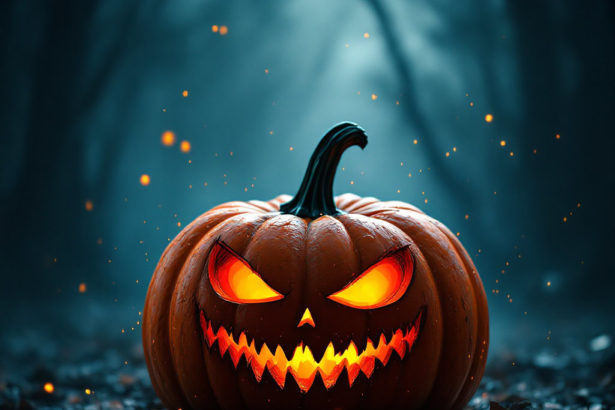 A large, intricately carved pumpkin glows brightly in a dark, moody Halloween scene with energy particles swirling and bokeh effects creating depth.