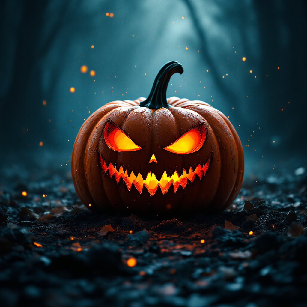 A large, intricately carved pumpkin glows brightly in a dark, moody Halloween scene with energy particles swirling and bokeh effects creating depth.