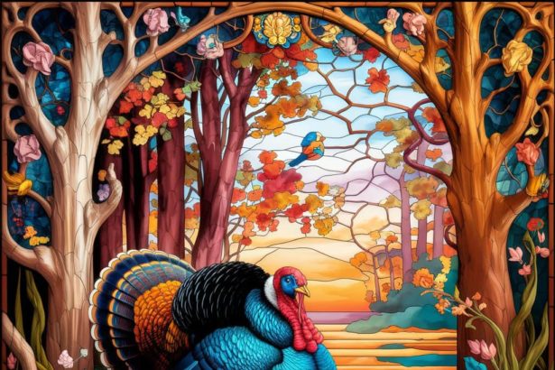 A detailed, hyper-realistic Art Nouveau-style autumn forest scene made of stained glass, featuring a turkey surrounded by flowing lines and vibrant colors.