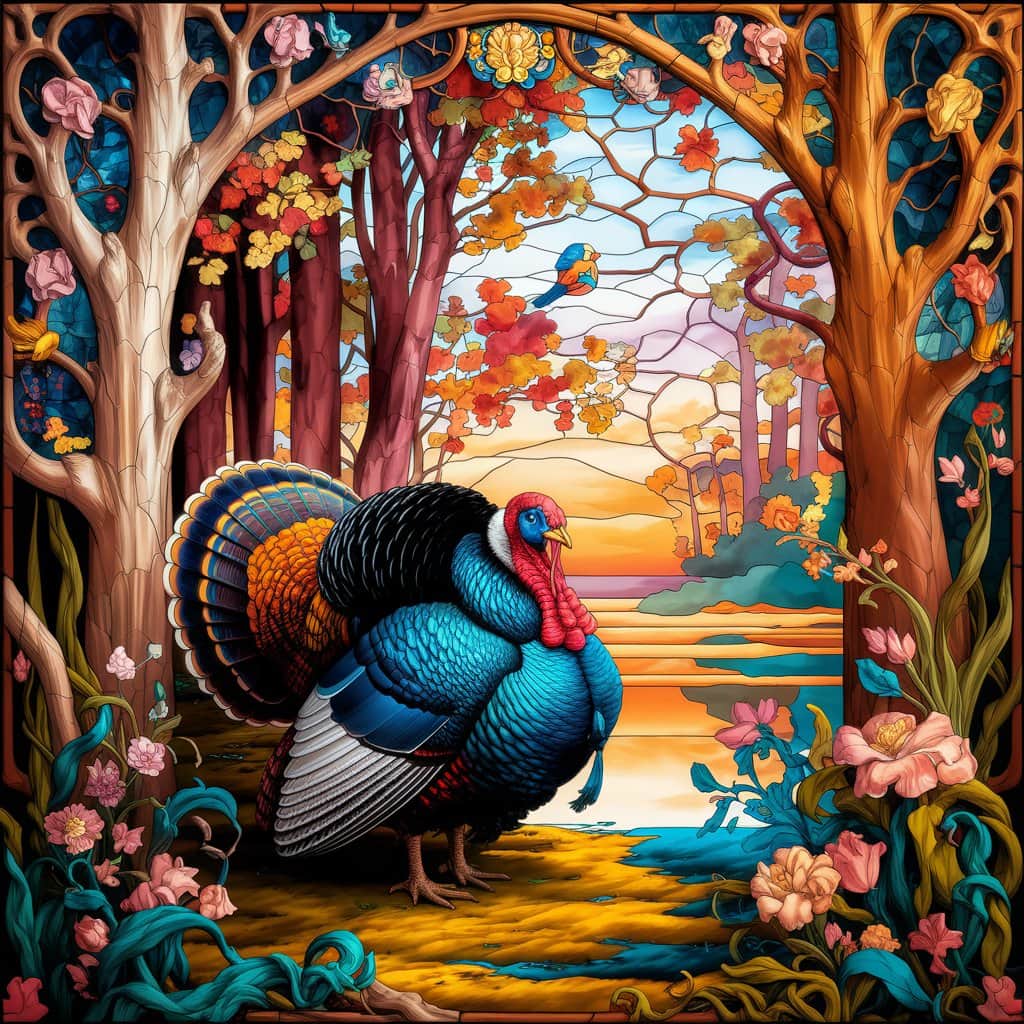 A detailed, hyper-realistic Art Nouveau-style autumn forest scene made of stained glass, featuring a turkey surrounded by flowing lines and vibrant colors.