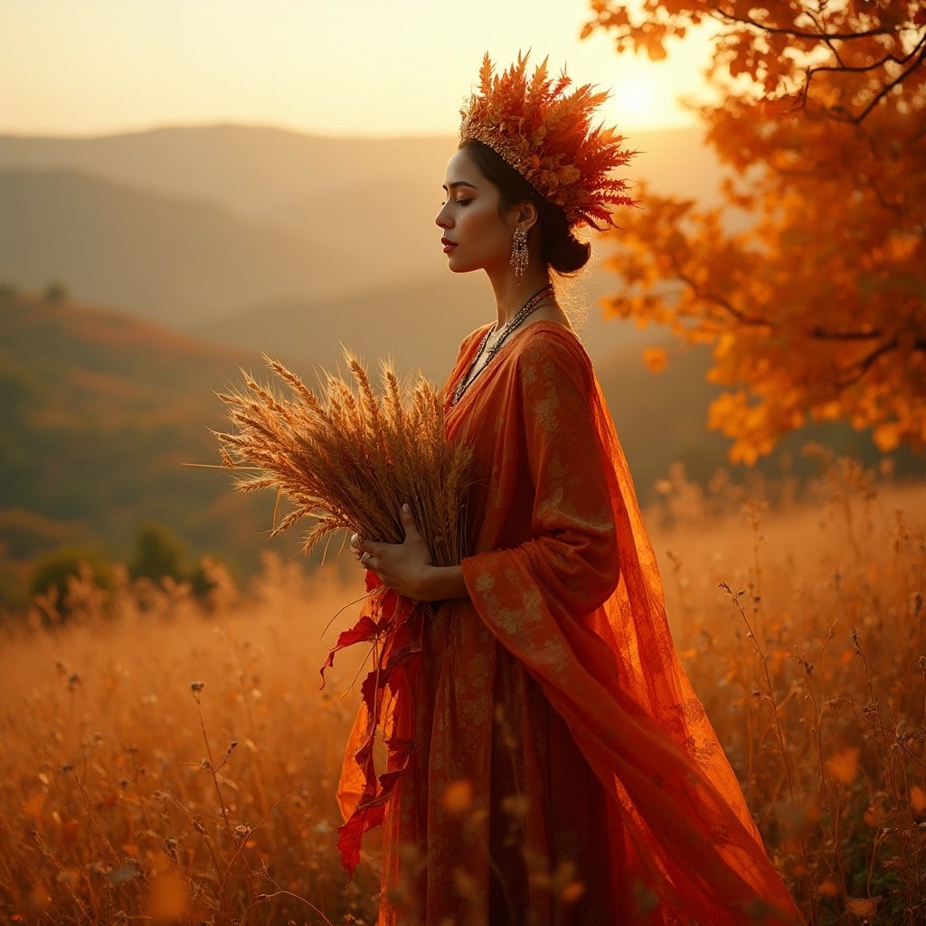 A highly detailed and realistic artwork of the autumn goddess with a crown of leaves and a sheaf of wheat in a serene autumn landscape.