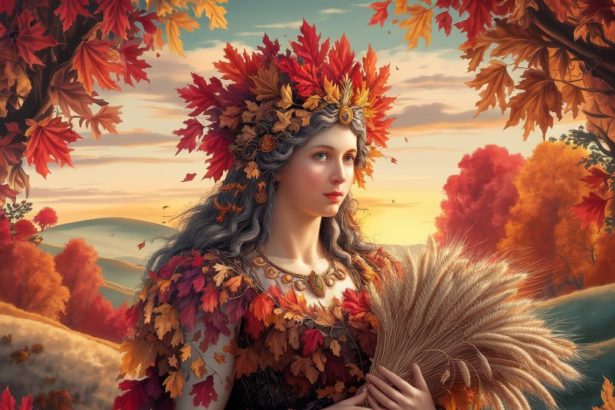 A highly detailed and realistic artwork of the autumn goddess with a crown of leaves and a sheaf of wheat in a serene autumn landscape.