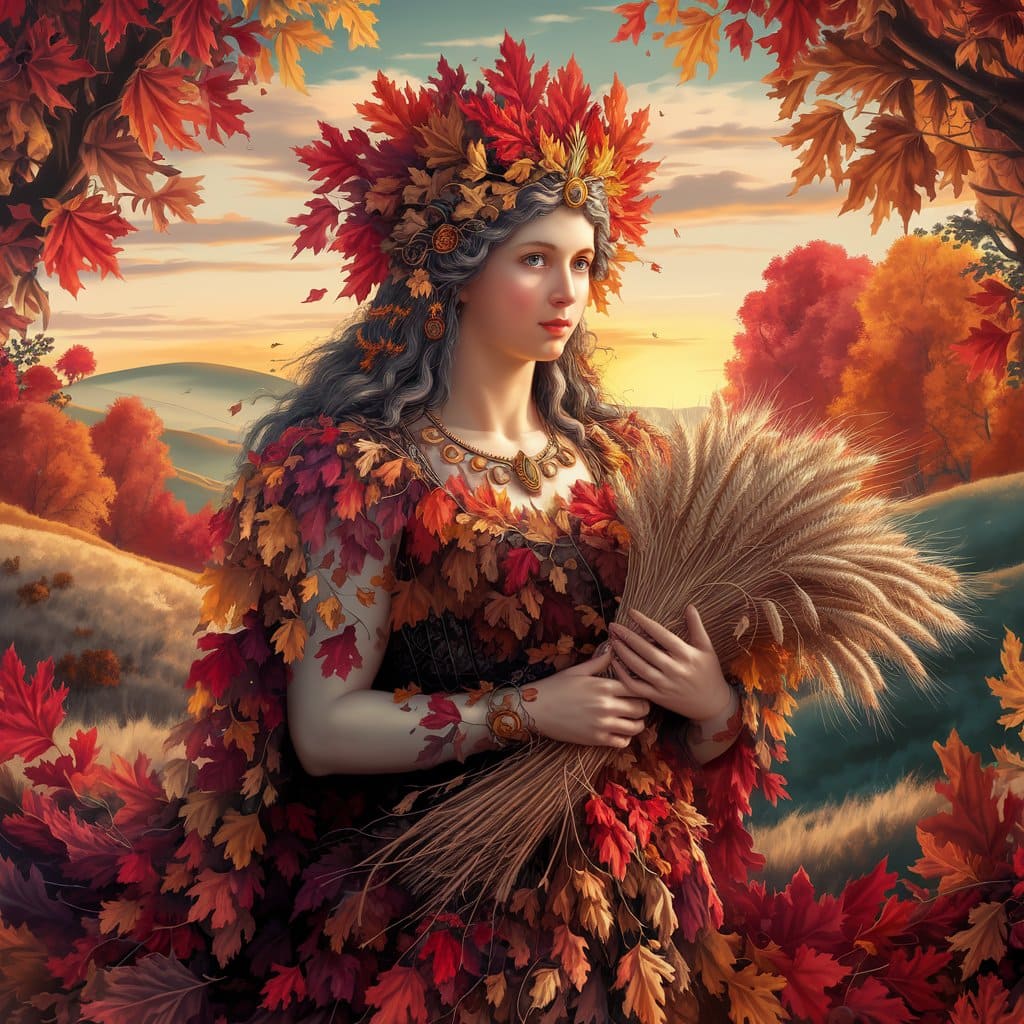 A highly detailed and realistic artwork of the autumn goddess with a crown of leaves and a sheaf of wheat in a serene autumn landscape.