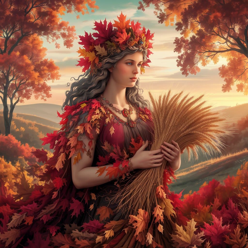 A highly detailed and realistic artwork of the autumn goddess with a crown of leaves and a sheaf of wheat in a serene autumn landscape.