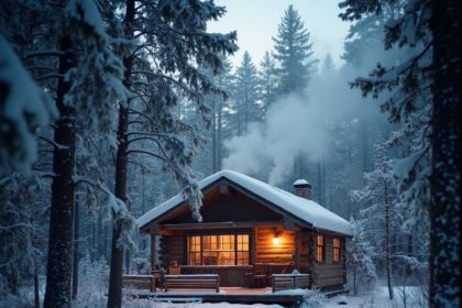 A cozy winter cabin surrounded by snowy trees with smoke rising from the chimney, captured using a wide-angle lens.