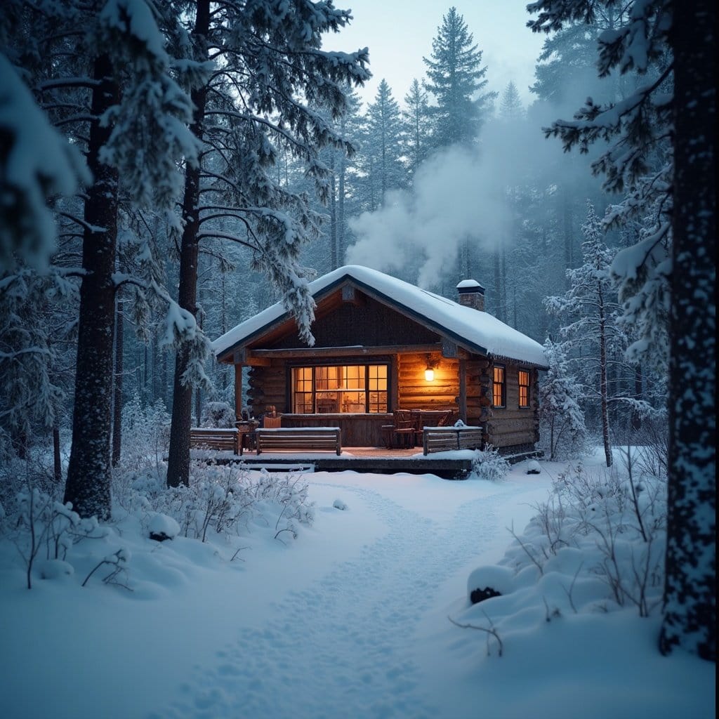 A cozy winter cabin surrounded by snowy trees with smoke rising from the chimney, captured using a wide-angle lens.