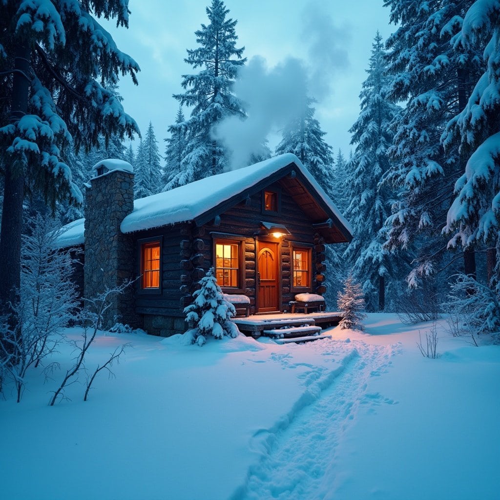 A cozy winter cabin surrounded by snowy trees with smoke rising from the chimney, captured using a wide-angle lens.