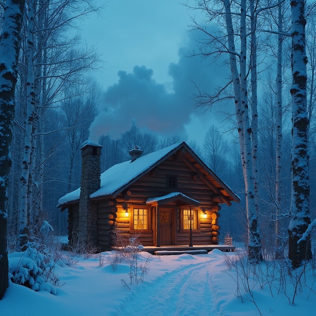 A cozy winter cabin surrounded by snowy trees with smoke rising from the chimney, captured using a wide-angle lens.