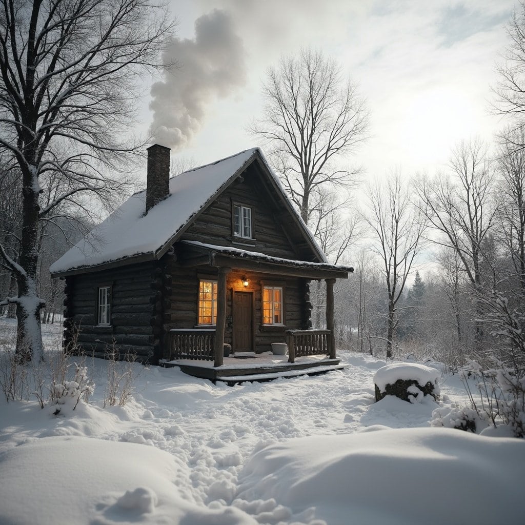 A cozy winter cabin surrounded by snowy trees with smoke rising from the chimney, captured using a wide-angle lens.