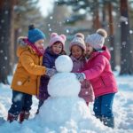 A group of children building a snowman in a snowy park, captured with a fast prime lens to freeze their joyful action.