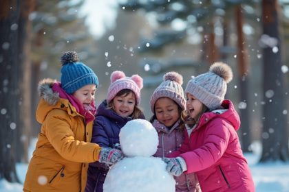 A group of children building a snowman in a snowy park, captured with a fast prime lens to freeze their joyful action.