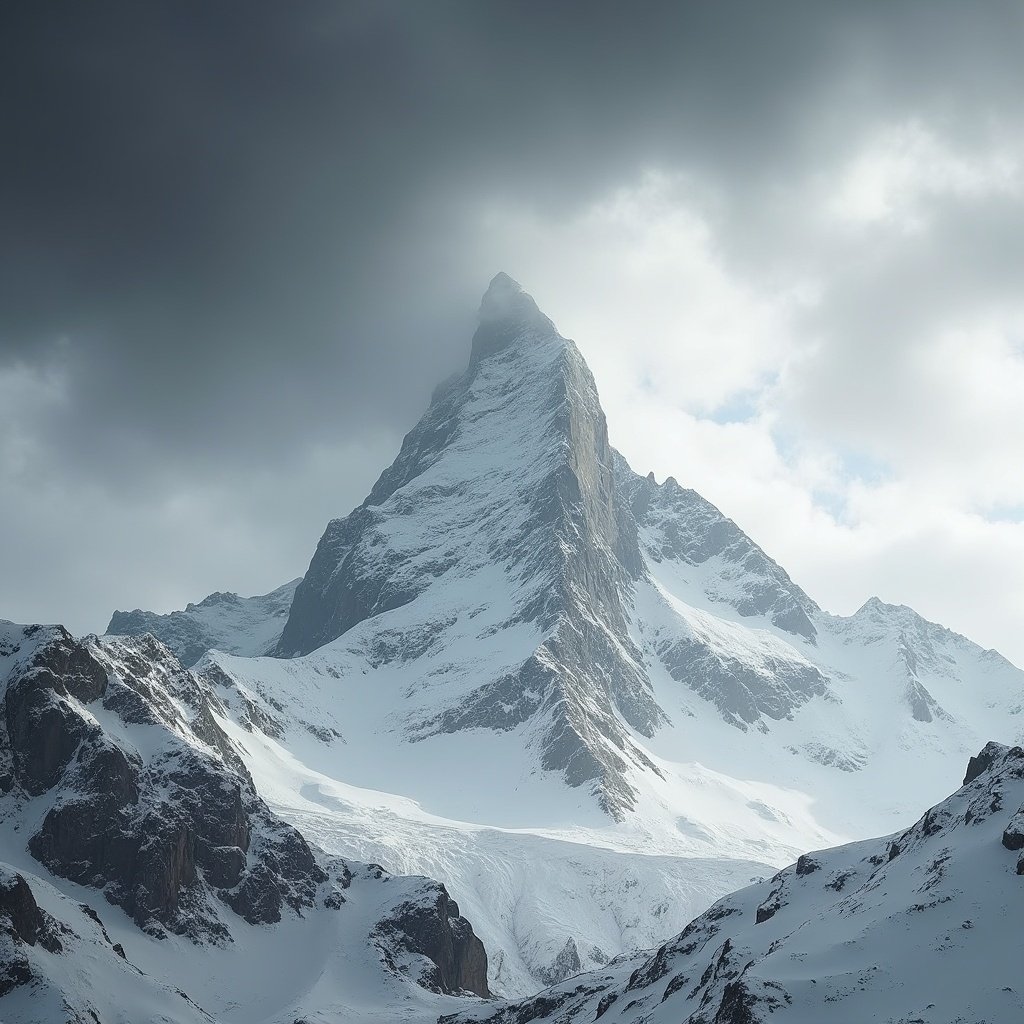 A snow-covered mountain peak captured with a telephoto lens against a clear blue sky, focusing on serene natural beauty and detail.