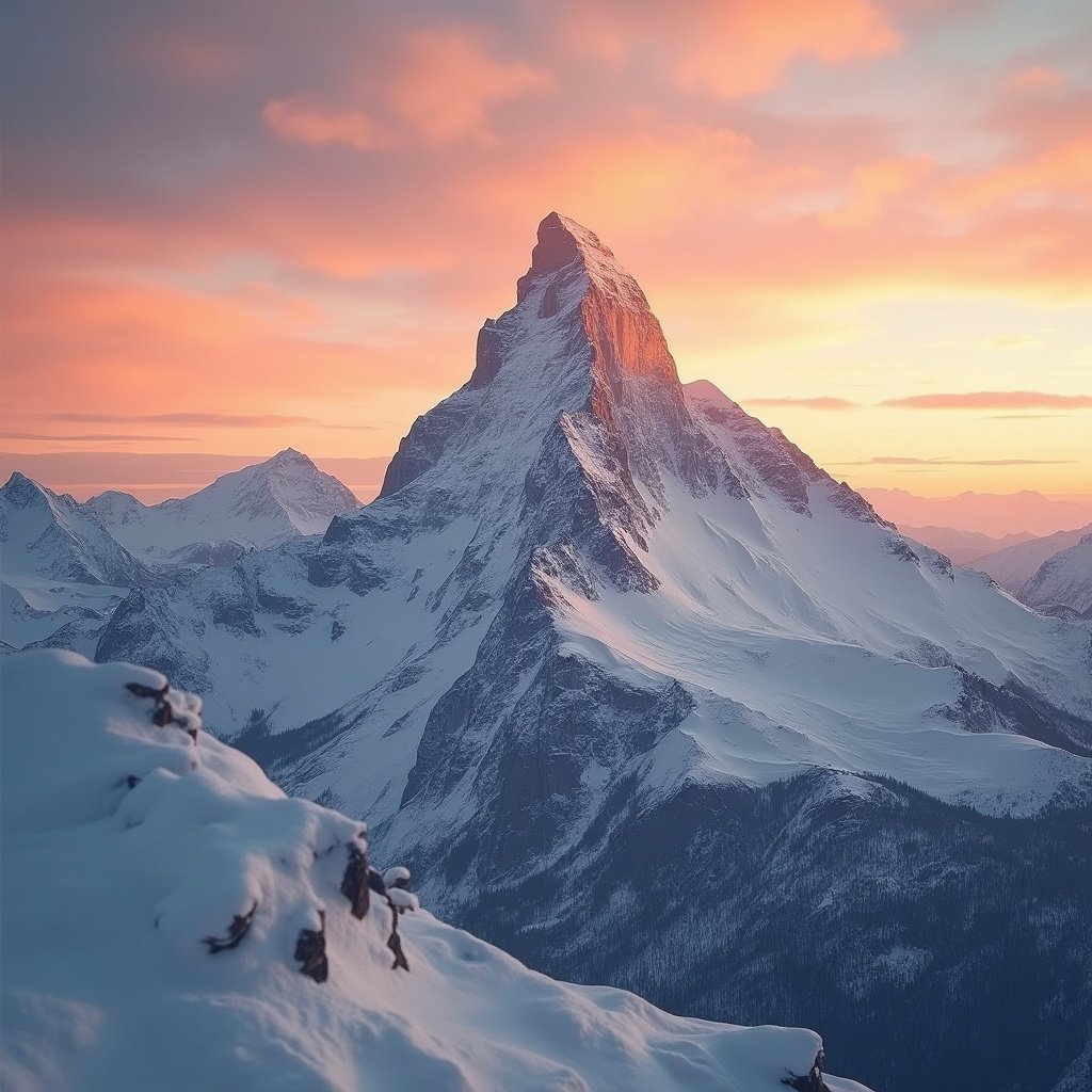 A snow-covered mountain peak captured with a telephoto lens against a clear blue sky, focusing on serene natural beauty and detail.