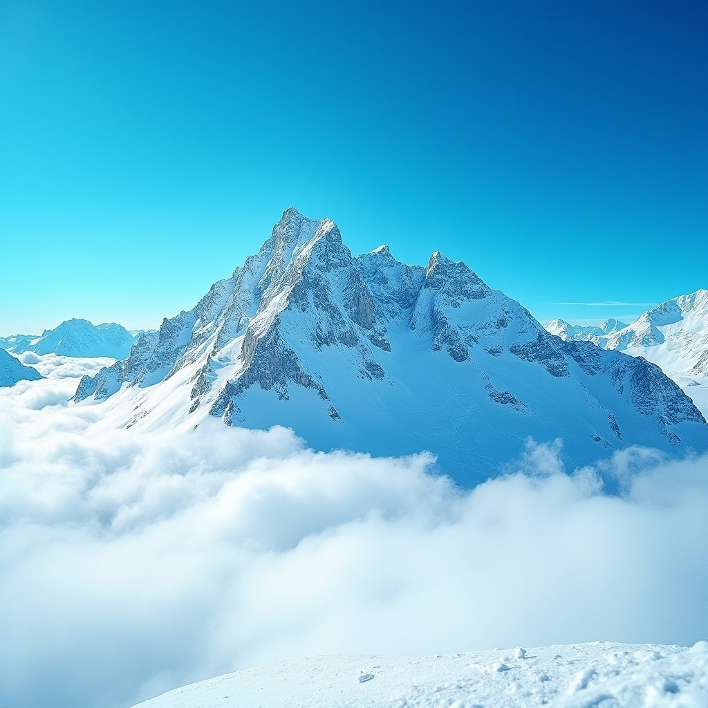 A snow-covered mountain peak captured with a telephoto lens against a clear blue sky, focusing on serene natural beauty and detail.