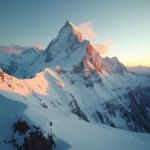 A snow-covered mountain peak captured with a telephoto lens against a clear blue sky, focusing on serene natural beauty and detail.