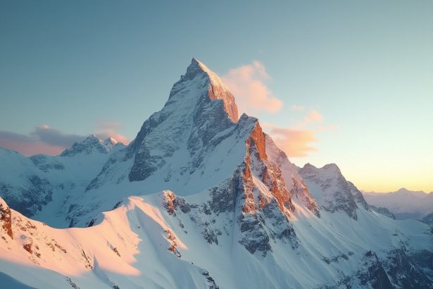 A snow-covered mountain peak captured with a telephoto lens against a clear blue sky, focusing on serene natural beauty and detail.