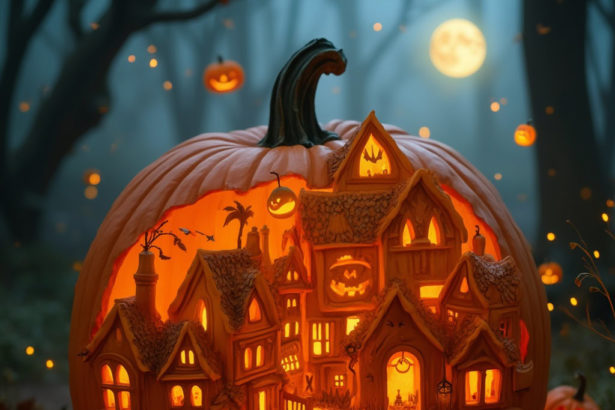 A carved Halloween pumpkin featuring an enchanted village with glowing jack-o-lanterns, fairy dust, and a magical woodland backdrop.