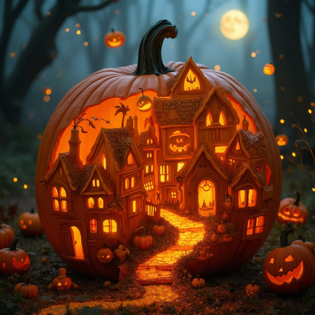 A carved Halloween pumpkin featuring an enchanted village with glowing jack-o-lanterns, fairy dust, and a magical woodland backdrop.