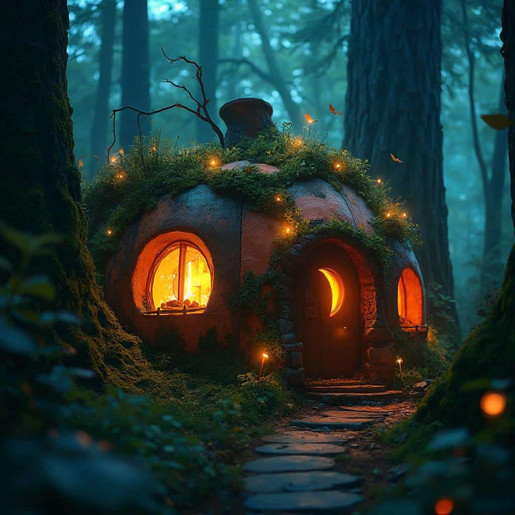 A pumpkin-shaped house made of clay nestled in a dense forest, glowing with soft orange light and adorned with fairy lights.