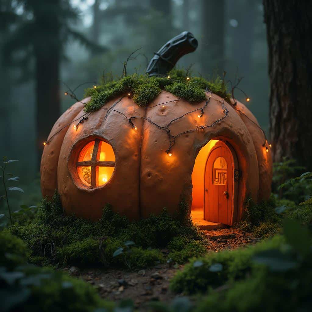 A pumpkin-shaped house made of clay nestled in a dense forest, glowing with soft orange light and adorned with fairy lights.