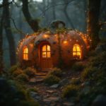 A pumpkin-shaped house made of clay nestled in a dense forest, glowing with soft orange light and adorned with fairy lights.