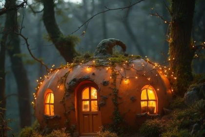 A pumpkin-shaped house made of clay nestled in a dense forest, glowing with soft orange light and adorned with fairy lights.