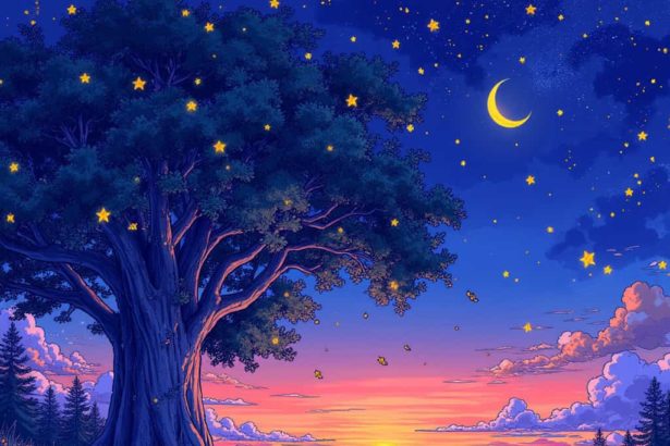 Anime-style nighttime scene with glowing ancient tree, fireflies, and starry sky