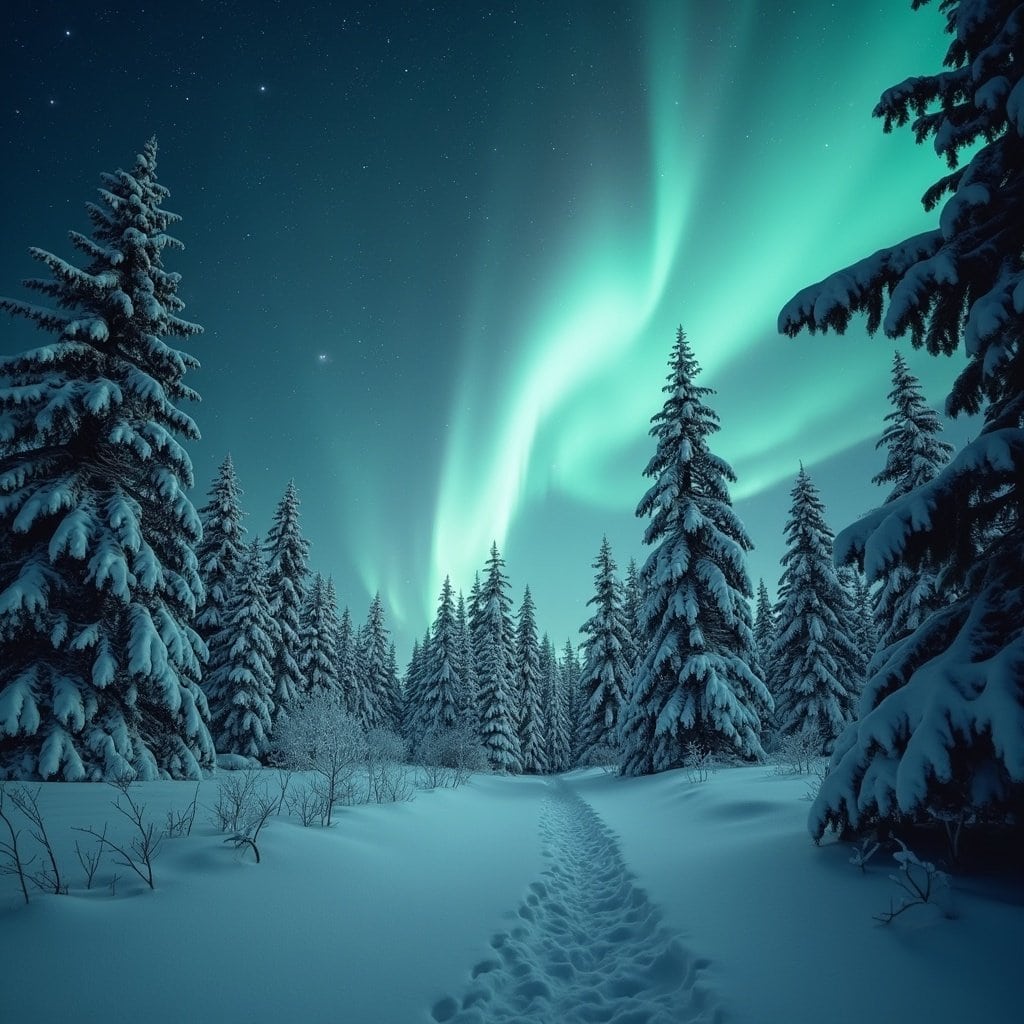 A snowy forest scene with spruce trees, stars, and a faint glow of the northern lights captured with a wide-angle lens and long exposure.