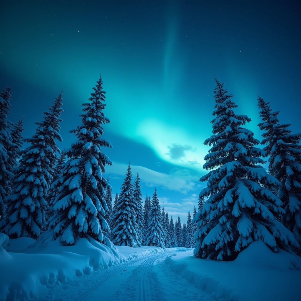 A snowy forest scene with spruce trees, stars, and a faint glow of the northern lights captured with a wide-angle lens and long exposure.