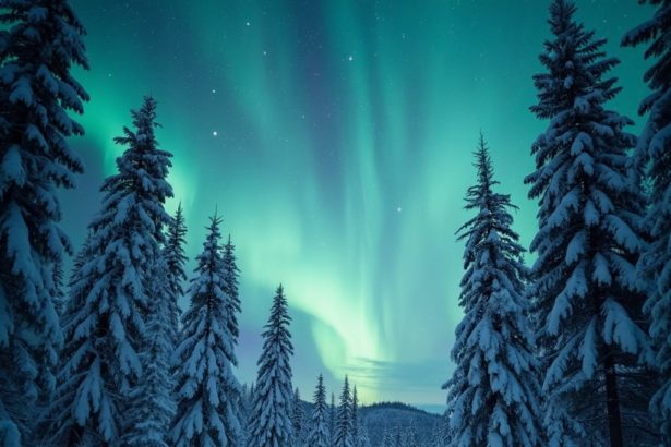 A snowy forest scene with spruce trees, stars, and a faint glow of the northern lights captured with a wide-angle lens and long exposure.