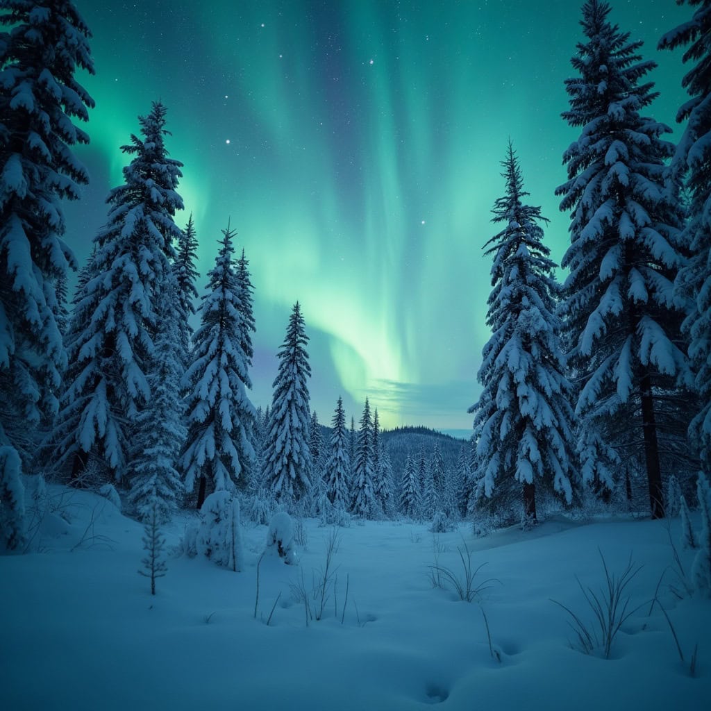 A snowy forest scene with spruce trees, stars, and a faint glow of the northern lights captured with a wide-angle lens and long exposure.