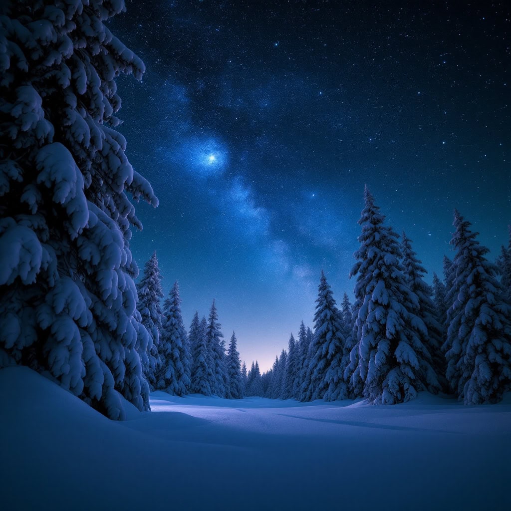 A snowy forest scene with spruce trees, stars, and a faint glow of the northern lights captured with a wide-angle lens and long exposure.