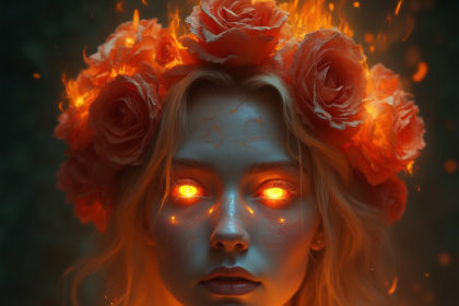 A mystical goddess with glowing eyes, adorned with a flaming crown of roses, surrounded by fiery tendrils.