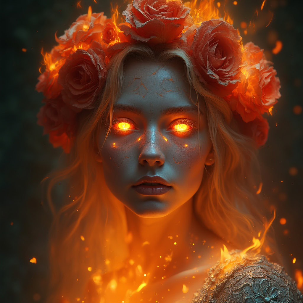 A mystical goddess with glowing eyes, adorned with a flaming crown of roses, surrounded by fiery tendrils.