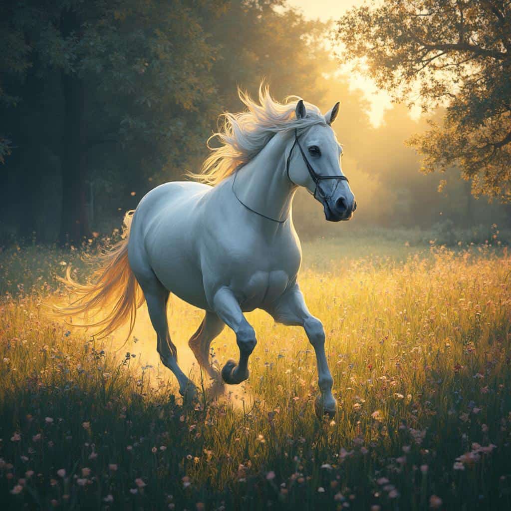 A majestic white horse in 8-bit style gallops through a meadow inspired by van Gogh’s vibrant, swirling brushstrokes, with sunlight streaming through the trees.