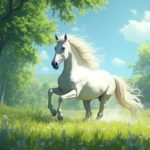 A majestic white horse in 8-bit style gallops through a meadow inspired by van Gogh’s vibrant, swirling brushstrokes, with sunlight streaming through the trees.