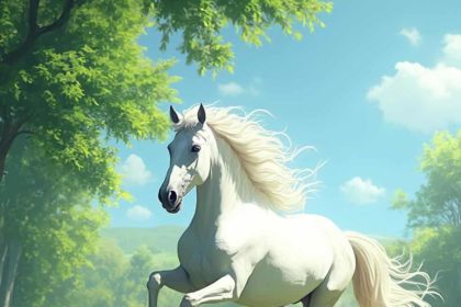 A majestic white horse in 8-bit style gallops through a meadow inspired by van Gogh’s vibrant, swirling brushstrokes, with sunlight streaming through the trees.