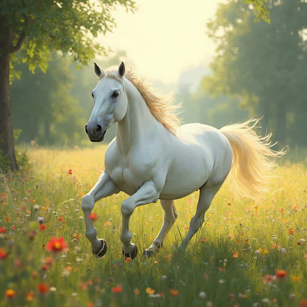 A majestic white horse in 8-bit style gallops through a meadow inspired by van Gogh’s vibrant, swirling brushstrokes, with sunlight streaming through the trees.