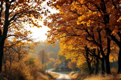 A scenic countryside road lined with vibrant autumn trees, capturing the essence of the fall season with a wide-angle lens and balanced lighting.