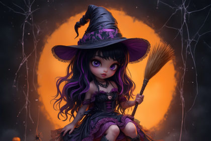 A gothic miniature witch with black and violet hair, sitting on a pumpkin, with a Halloween-themed background of black and orange glitter, spiderwebs, and inkblots.