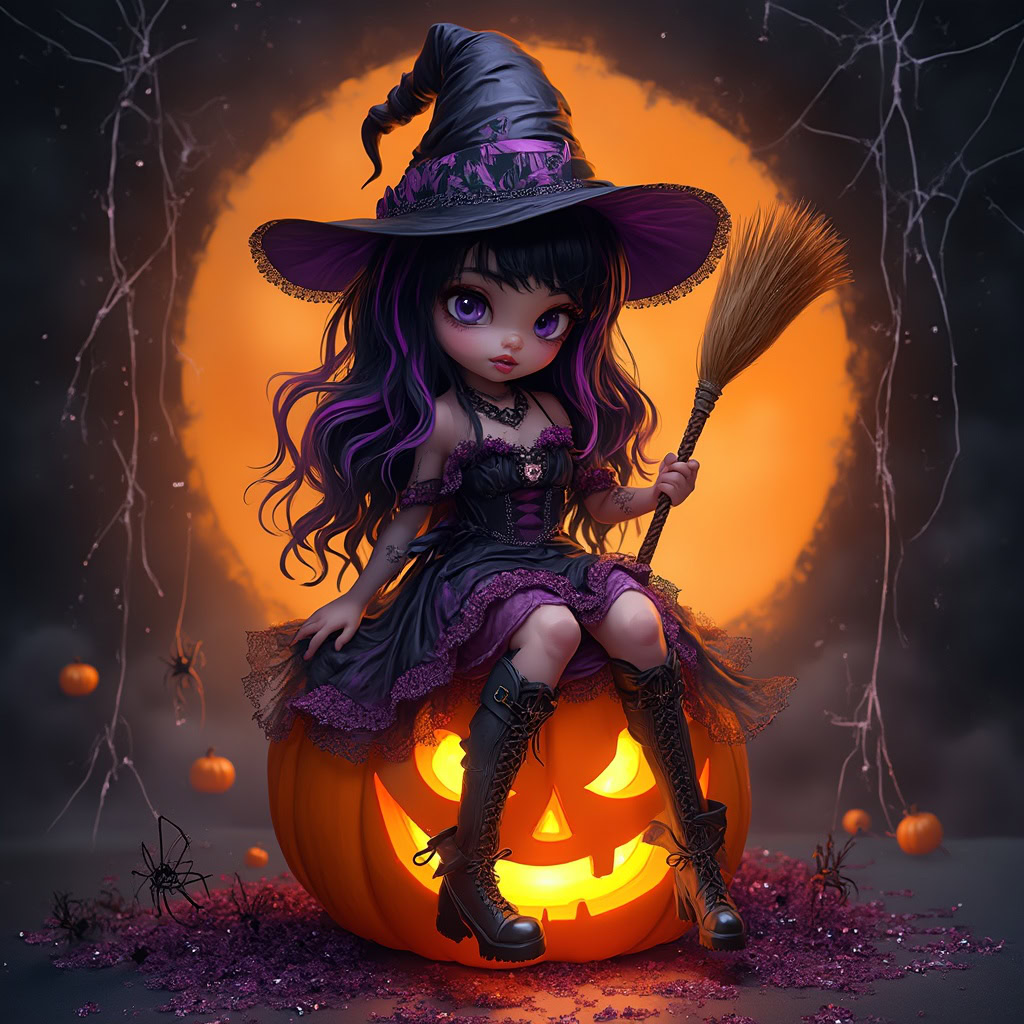 A gothic miniature witch with black and violet hair, sitting on a pumpkin, with a Halloween-themed background of black and orange glitter, spiderwebs, and inkblots.