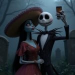 La Catrina and Jack Skellington take a selfie in a graveyard, dressed in skeleton and suit attire, with a foggy dark background.