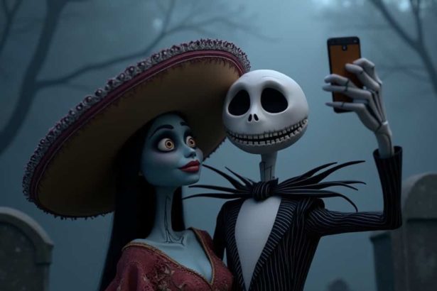 La Catrina and Jack Skellington take a selfie in a graveyard, dressed in skeleton and suit attire, with a foggy dark background.