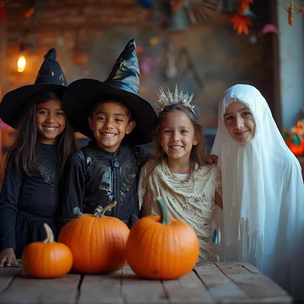 A group of children in colorful Halloween costumes smiling by a table of pumpkins, surrounded by festive party decorations.